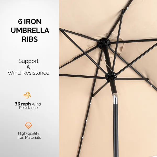 9ft Solar Patio Umbrella With LED Lights, Outdoor Market Table Umbrella With Push Button Tilt & Crank, 6 Ribs Waterproof Polyester Deck Umbrella For Garden, Backyard, Pool, Beige