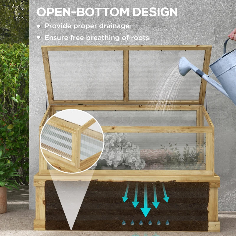 Outsunny Raised Garden Flower Bed Kit With Lean-to Greenhouse, Wooden Cold Frame Planter, Natural