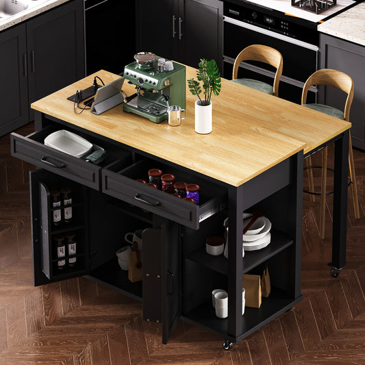 K&K 47 Inch Kitchen Island With Extendable Dining Table, Rubber Wood Veneer Kitchen Table With Internal Storage Rack, Power Outlet, Kitchen Island With Storage 2 Drawers 2 Cabinet, Black