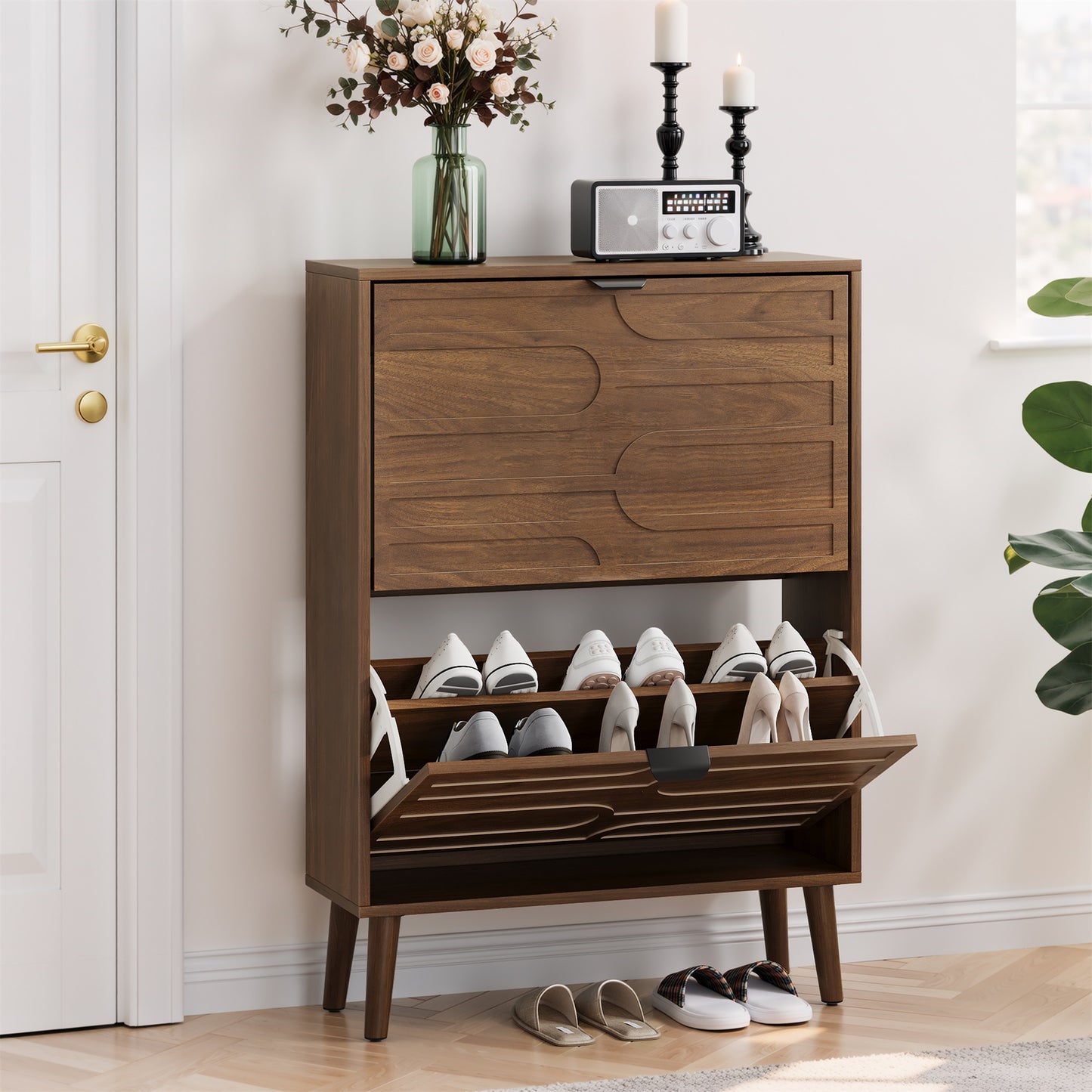 Medieval Modern Independent Shoe Cabinet, 23.62-inch Walnut Shoe Storage Cabinet,, Fence Shoe Cabinet With 2 Flip Drawers, Suitable For Corridors And Entrances