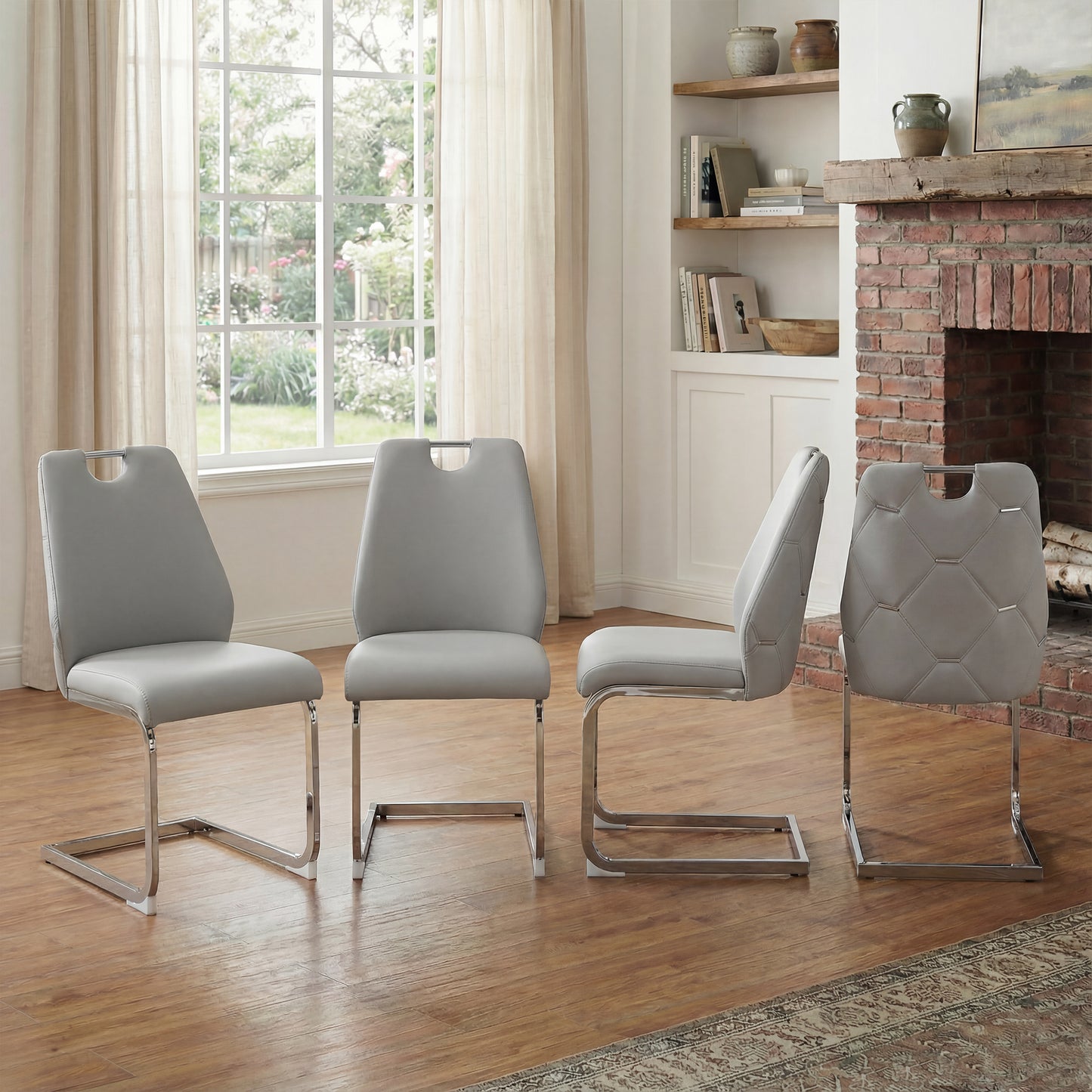 Dining Chairs Set Of 4, Light Gray Faux Leather Kitchen Chairs With Gold Mesh Texture, Silver Back Ring And Chrome Pull Handle, High Back Upholstered Dining Room Chair  Light Gray, Set Of 4