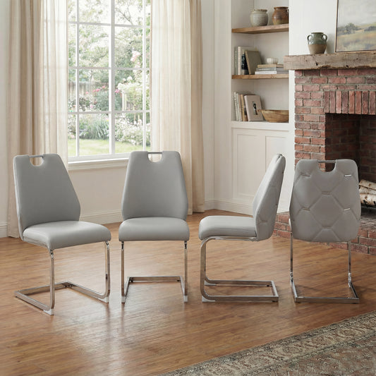 Dining Chairs Set Of 4, Light Gray Faux Leather Kitchen Chairs With Gold Mesh Texture, Silver Back Ring And Chrome Pull Handle, High Back Upholstered Dining Room Chair  Light Gray, Set Of 4