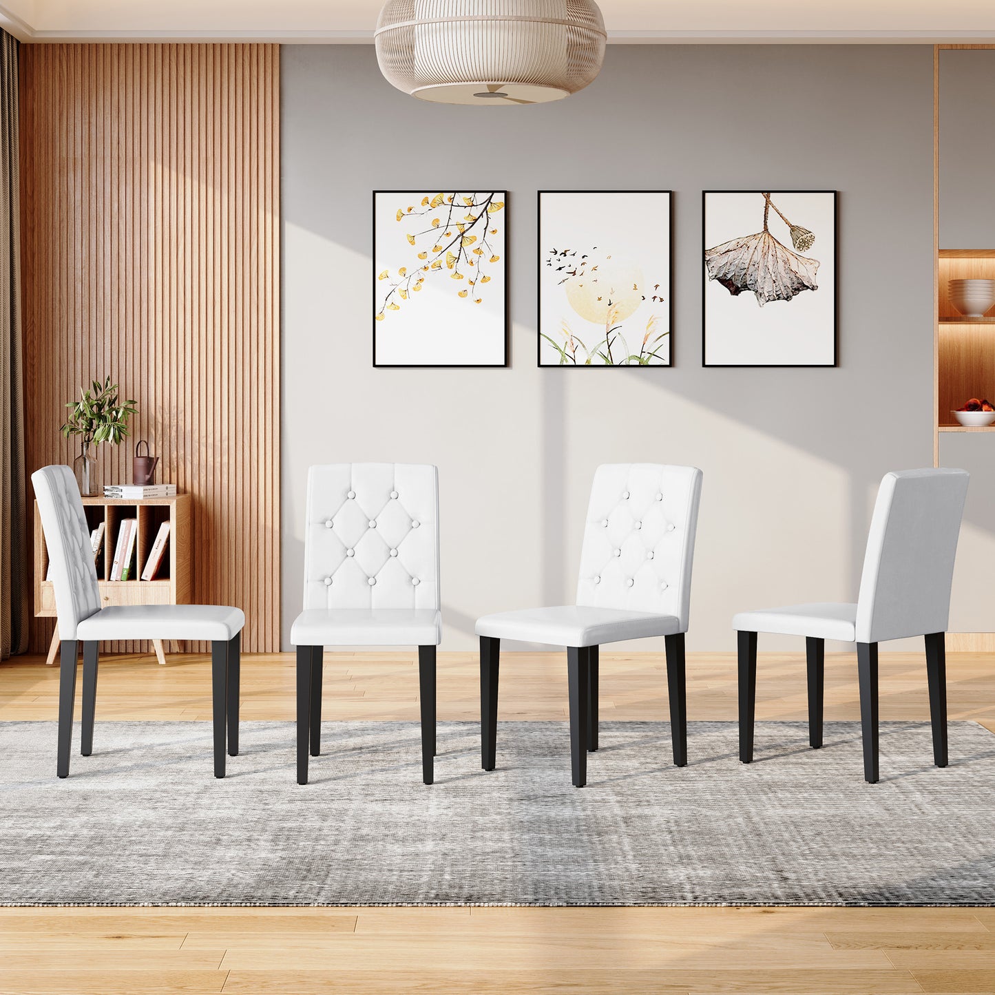 4-pack White PU Dining Chairs Ergonomic Buckle Backrest, 35 Inches High, Black Metal Legs,Combines Comfort And Texture.Perfectly Suitable For Family Dining Rooms, Hotel Banquet Halls,etc.W1151P295718