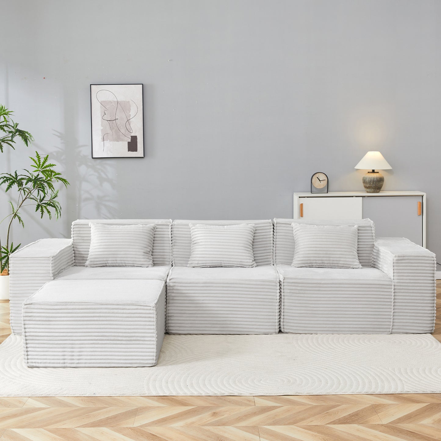 L-Shaped Modular Sectional Sofa, 3-Seater With Ottoman, Striped Corduroy Fabric, High-Density Foam For Home, Apartment, Office  Light Gray