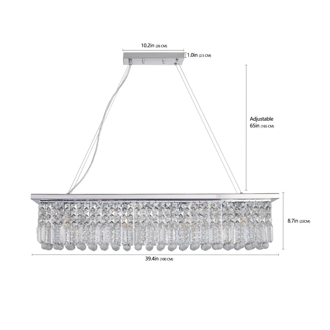 Modern Crystal Chandelier For Dining Room 8-Light White Rectangle Raindrop Chandelier Contemporary Rectangular Pendant Light Fixture For Kitchen Island Bar L39.4  X W9.8  X H8.7  Bulb Not Included