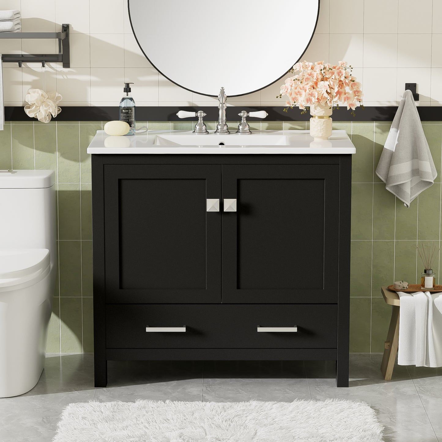 36  Black Bathroom Vanity With Ceramic Sink, Soft-Close Doors, Double Storage Shelves & Divided Drawer  Modern Bathroom Cabinet With Ample Storage