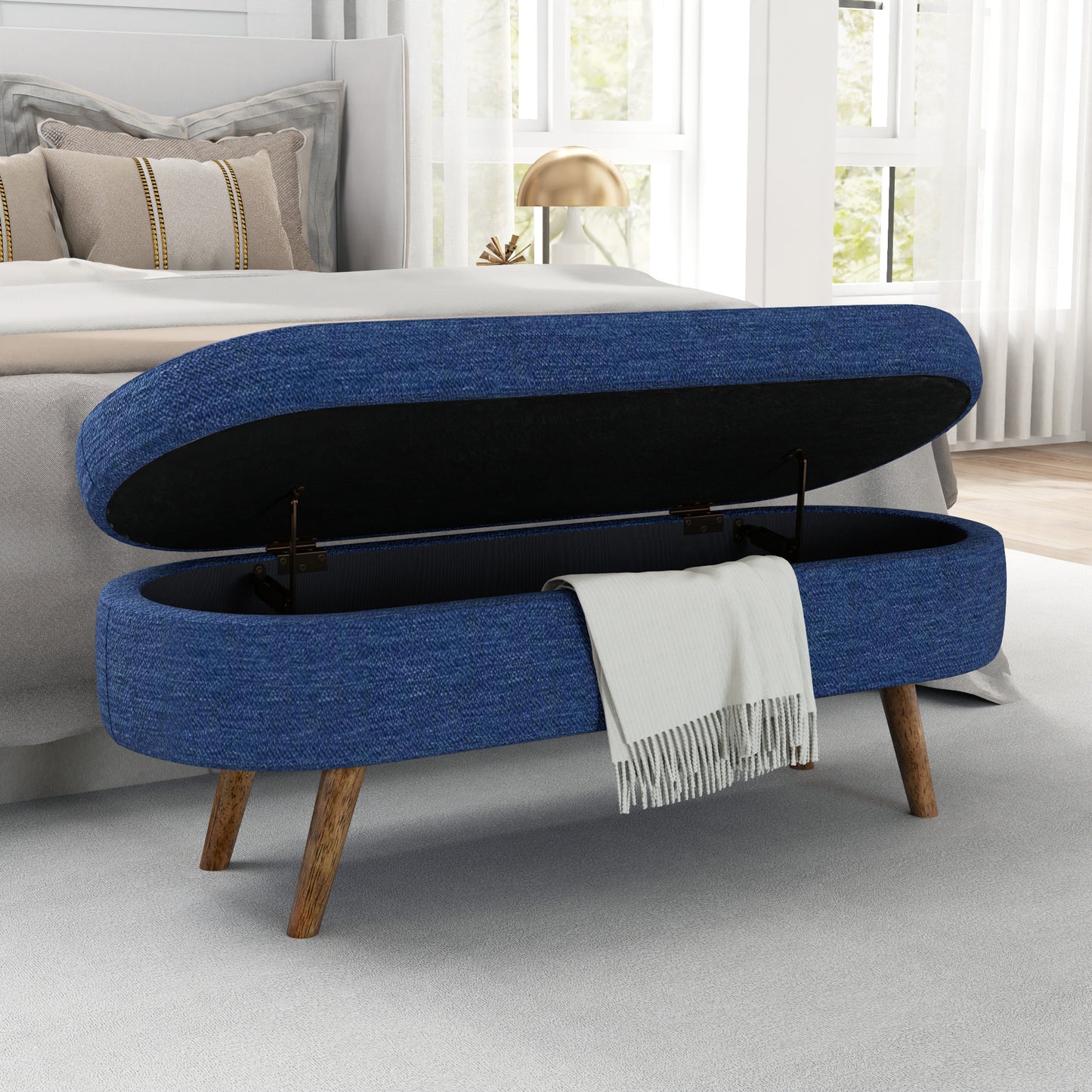 Ottoman Oval Storage Bench,Rubber Wood Legs,BLUE 43.5x16x16