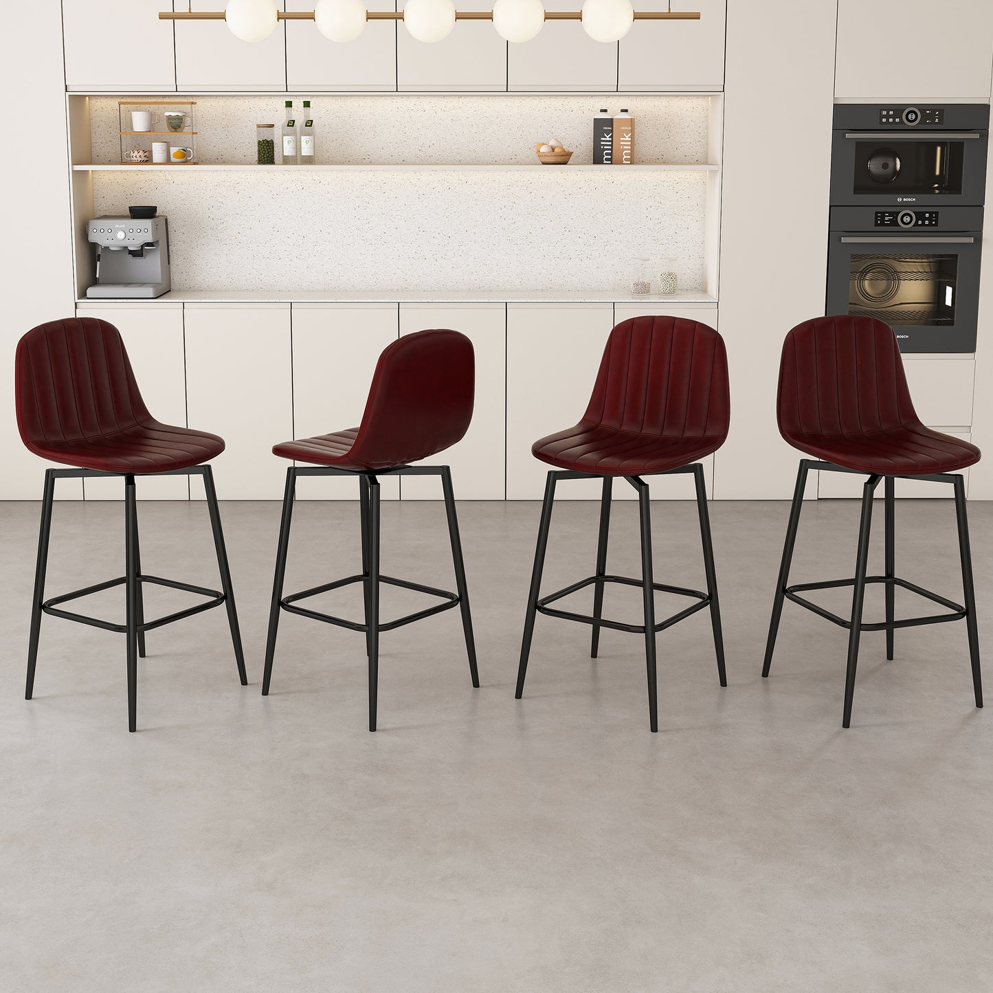 Modern Bar Stools With Swivel Mechanism, PU Padded Seats With Back Support & Metal Legs  Ideal For Kitchen Islands, Home Bars, Commercial Bars, Dark Brown Set Of 2