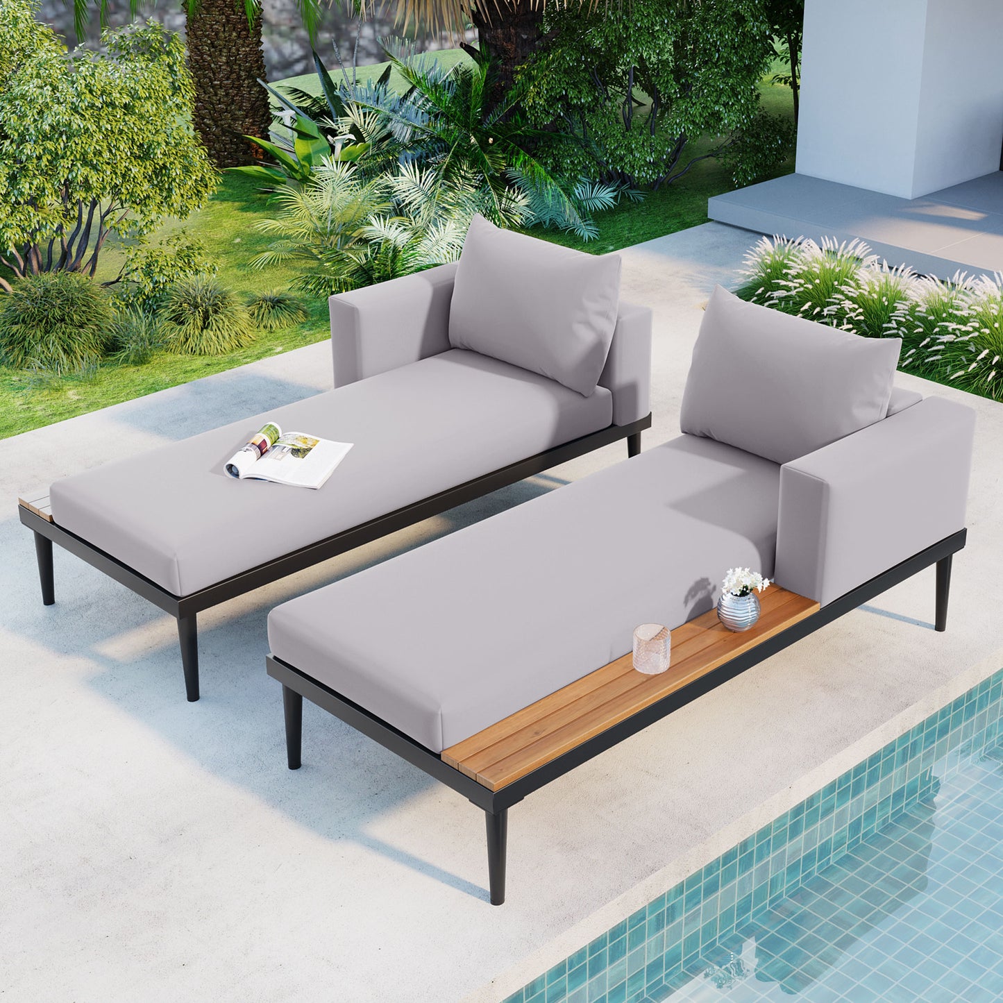 TOPMAx Modern Outdoor Daybed Patio Metal Daybed With Wood Topped Side Spaces For Drinks  2 In 1 Padded Chaise Lounges For Poolside  Balcony  Deck  Gray