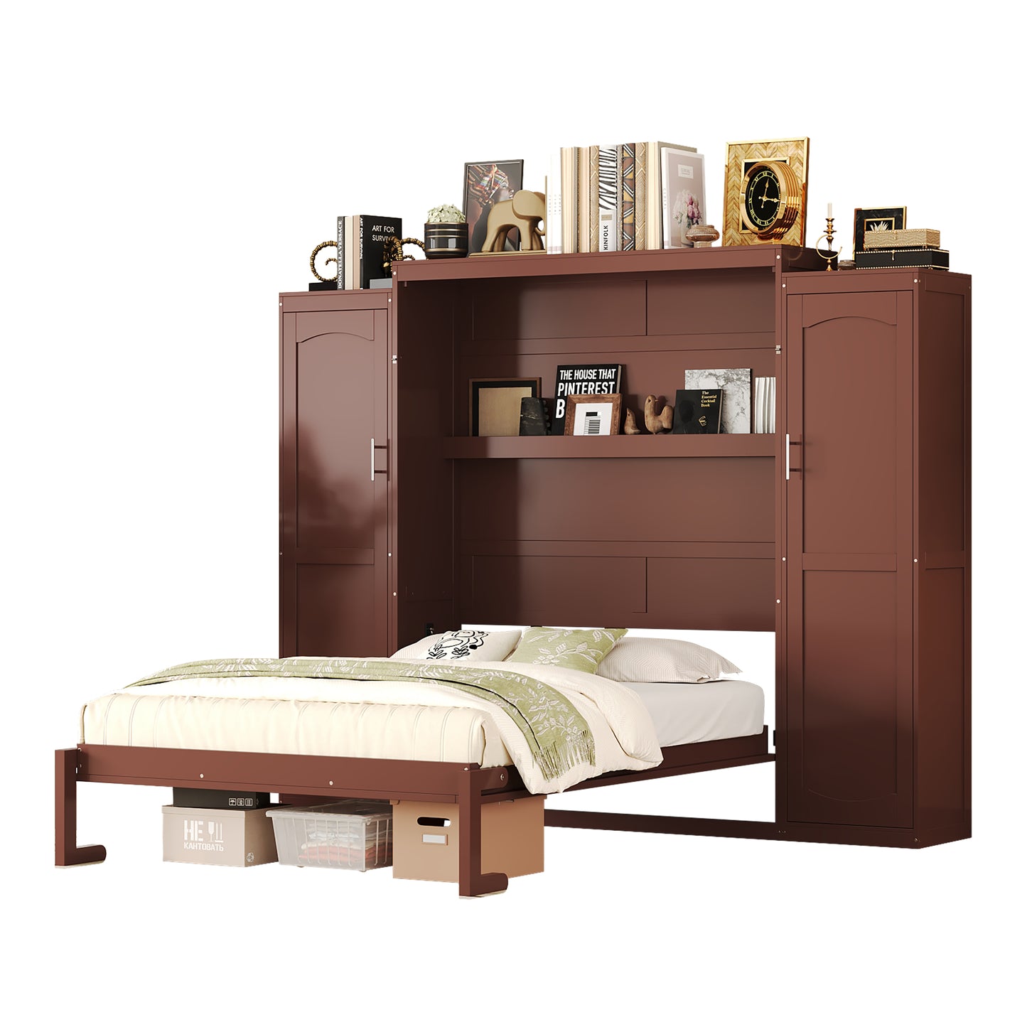 Full Size Murphy Bed, Wooden Full Wall Bed With 2 Wardrobe And Storage Shelf, Multifunctional Foldable Platform Bedframe For Guest-Room, Bedroom, Walnut