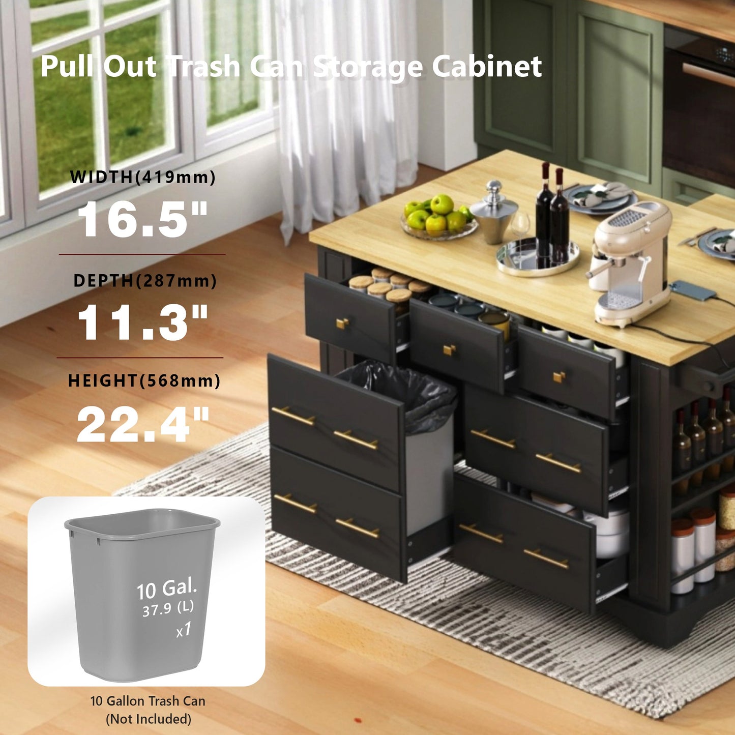 K&K Kitchen Island With 6 Drawers, Pull Out Trash Can Storage, Rolling Kitchen Island On 5 Wheels With Drop Leaf, Power Outlet, 5 Open Side Racks For Kitchen, Dining Room, Black