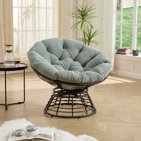 Comfortable Ergonomic Wicker Papasan Chair, 360 Swivel Indoor Outdoor Rattan Chair With Soft Thick Cushion, Ideal For Living Room, Bedroom, Reading Room, Brown Frame With Light Green Cushion