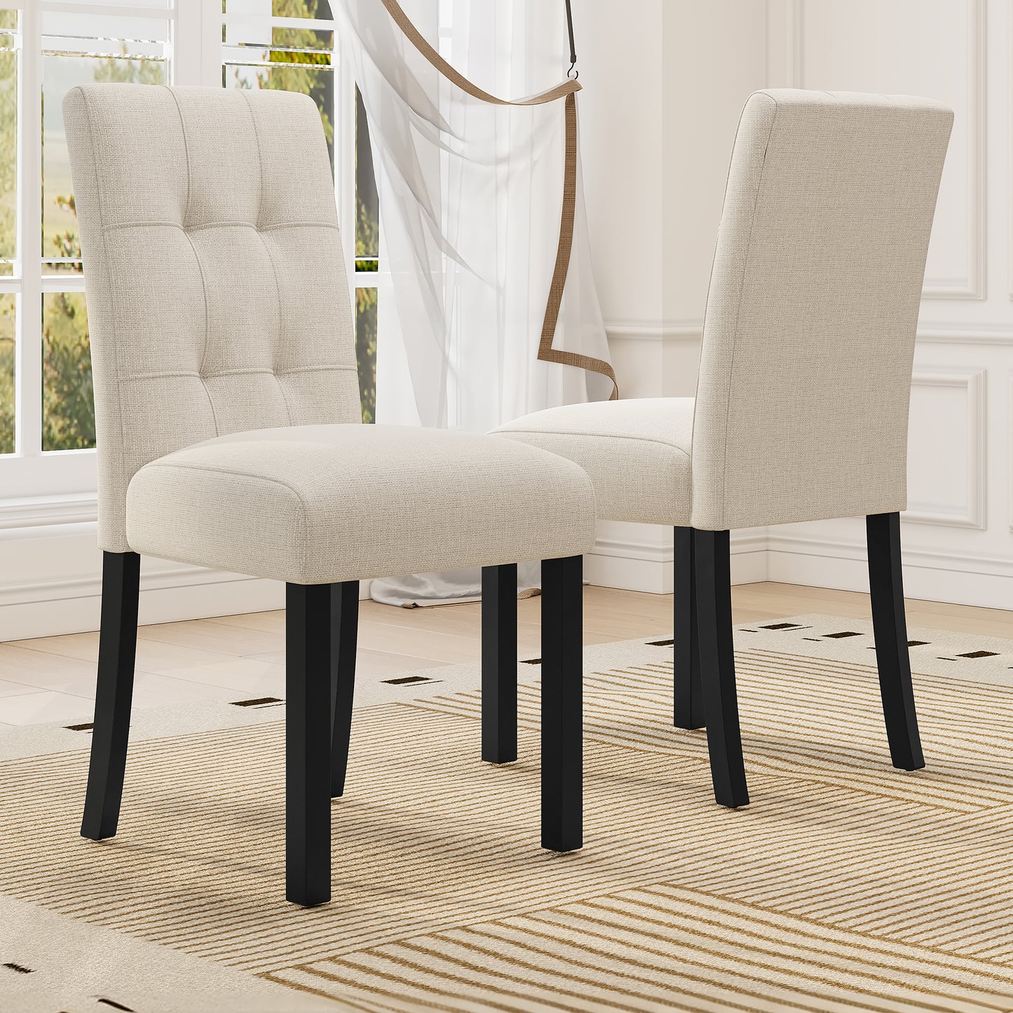 4 Piece Modern Tufted Dining Chair, Rustic Linen Upholstered With Black Rubber Wood Legs, Upholstered Accent Chair For Kitchen, Dining Room, Bedroo, Beige