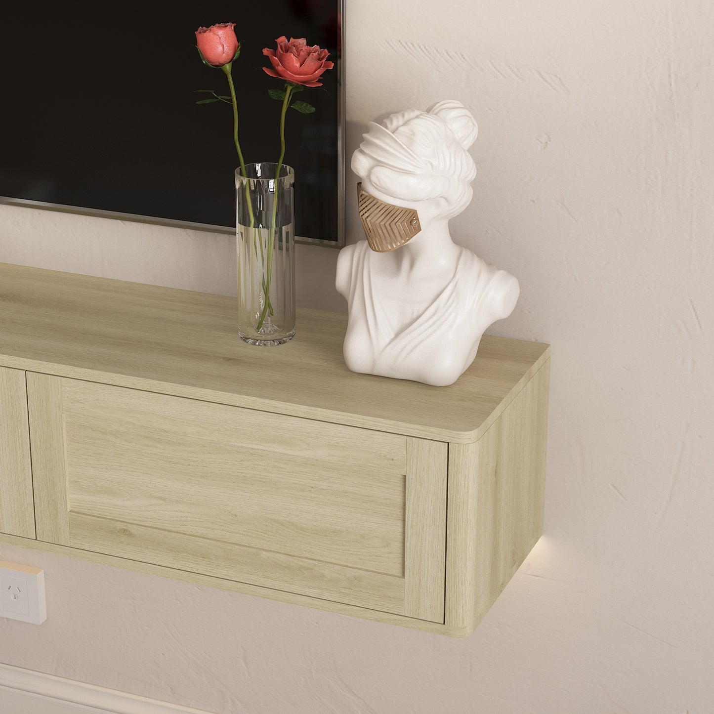 Floating TV Stand, Wall Mounted TV Shelf With Led Lights & Power Outlet,High Gloss TV Cabinet For Wood Tv Stands For Living Room