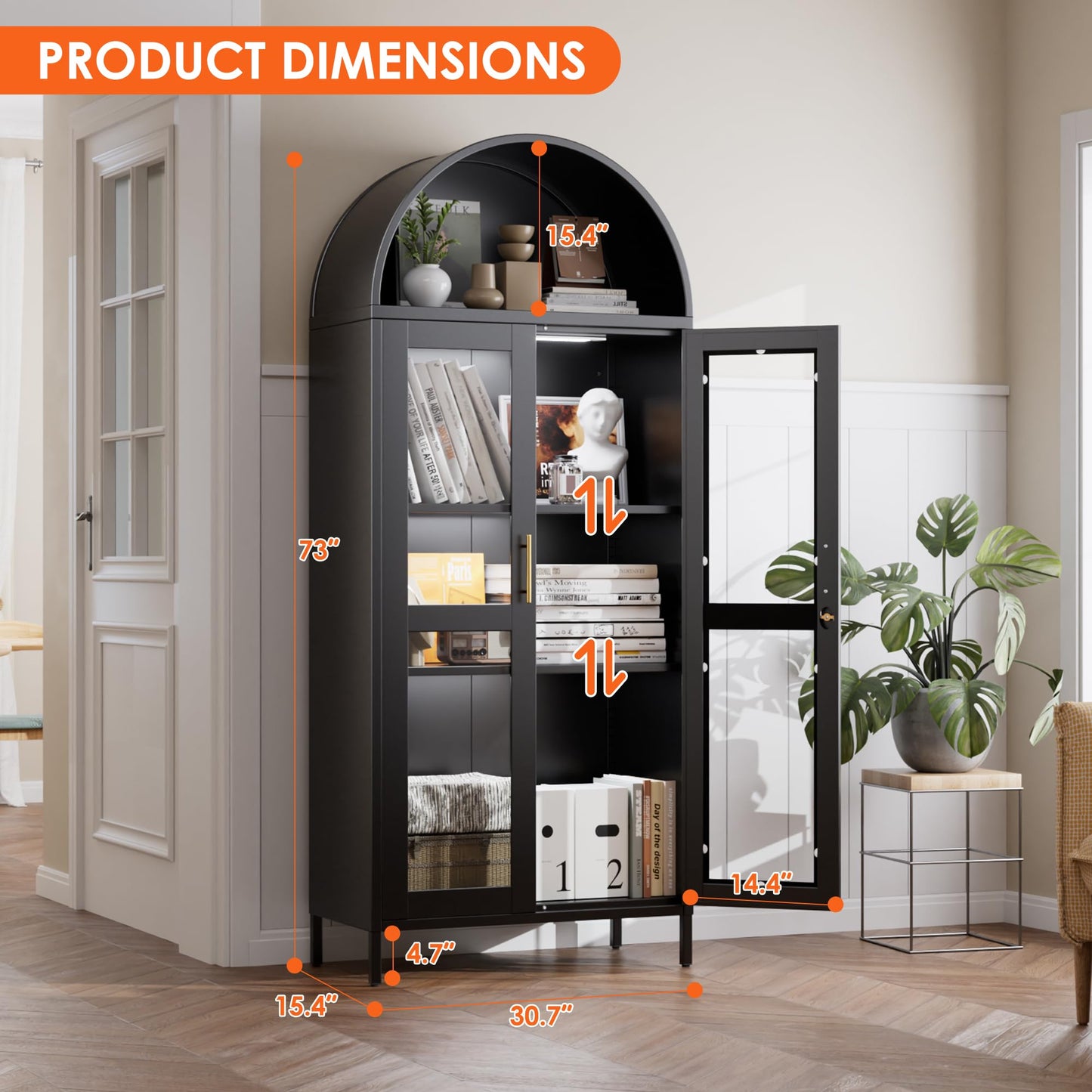 Metal Arched Bookcase Cabinet With 3 LED Strips,Lockable Arched Display Cabinet With Glass Doors For Living Room, Home,Office, Assembly Required Black