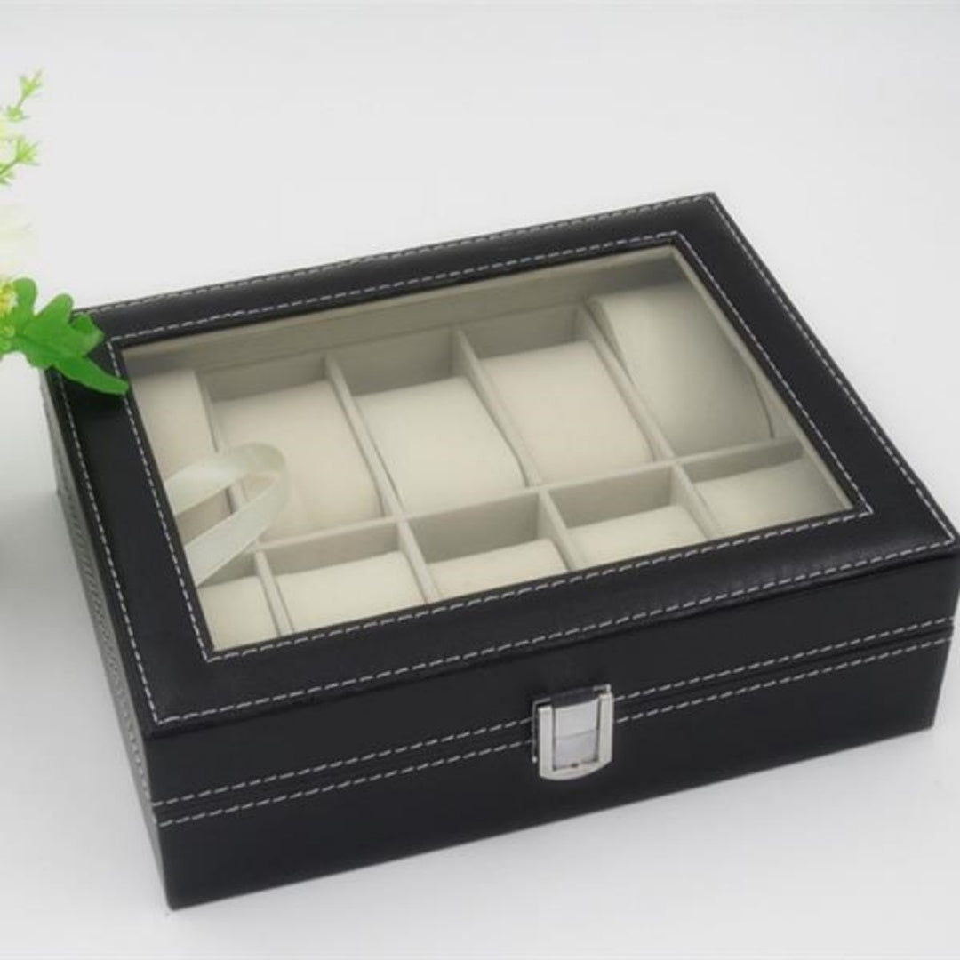 10 Compartments High-grade Leather Watch  Storage Box Black