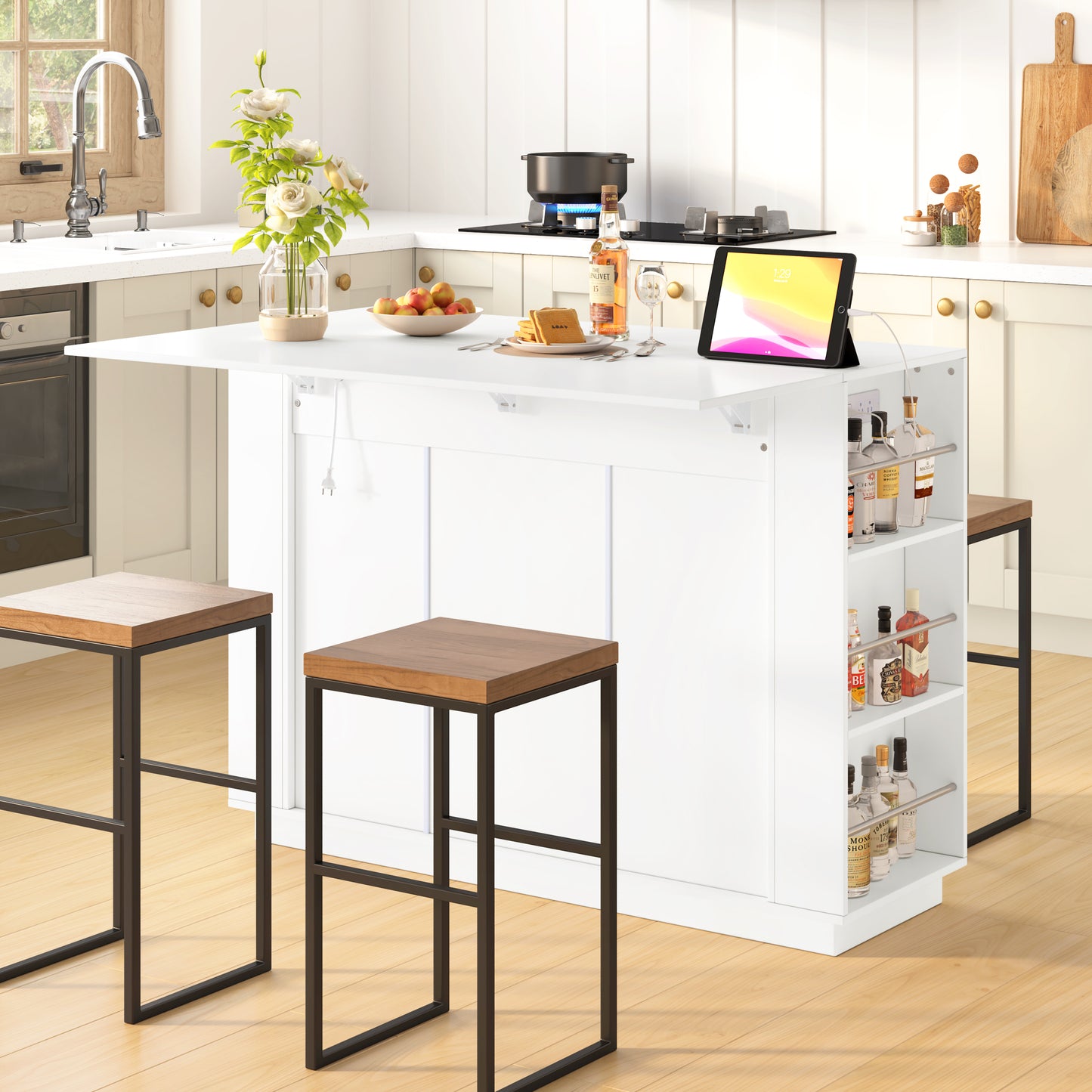U-Style 47.2  Kitchen Island With Drop Leaf & Power Outlet  Wine Bar Cabinet With Bottle Rack & Glass Holder  Coffee Bar  2- Door Buffet Sideboard With Side Shelves  Melamine MDF