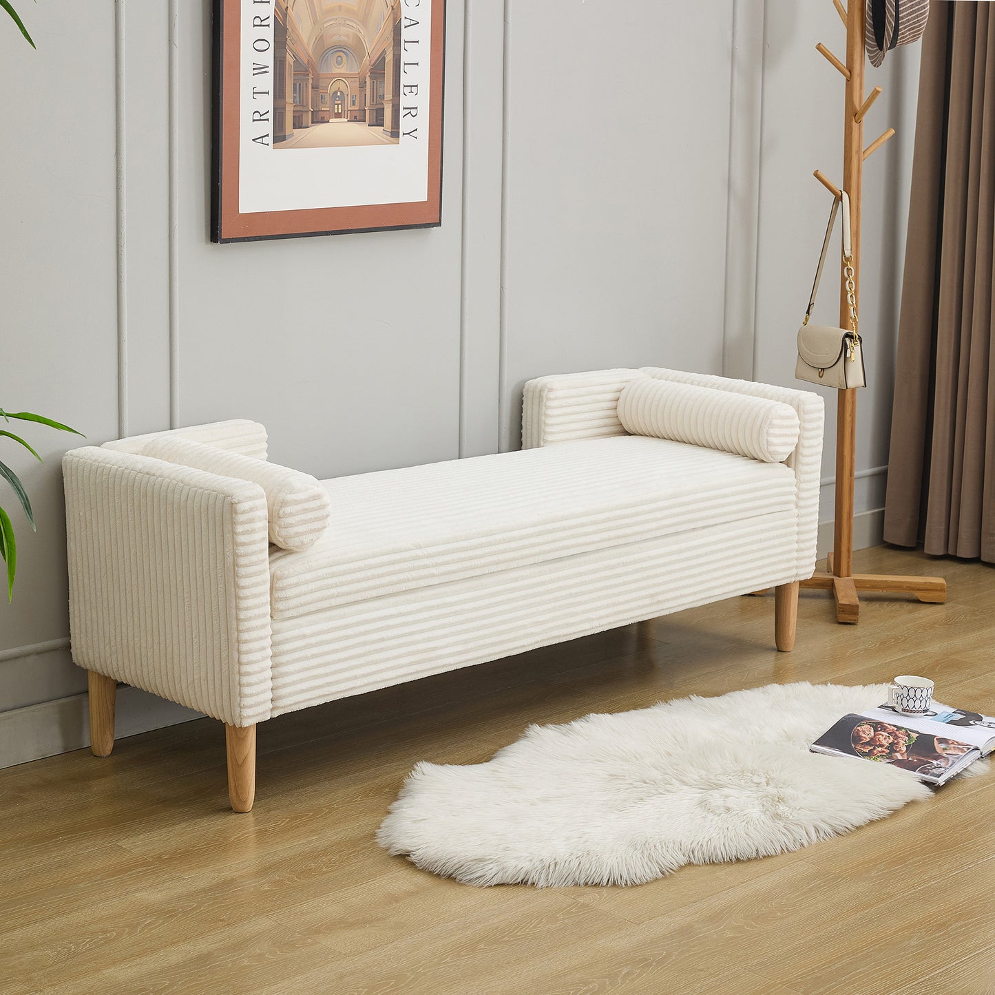 65.35 Wide Upholstered Flip-top Storage Accent Bed Bench, Corduroy Footrest Ottoman With Armrests&Backrest&2 Bolster Pillows Wood Legs For Living Room, End Of Bed, Hallway, Entryway Bedroom. Ivory