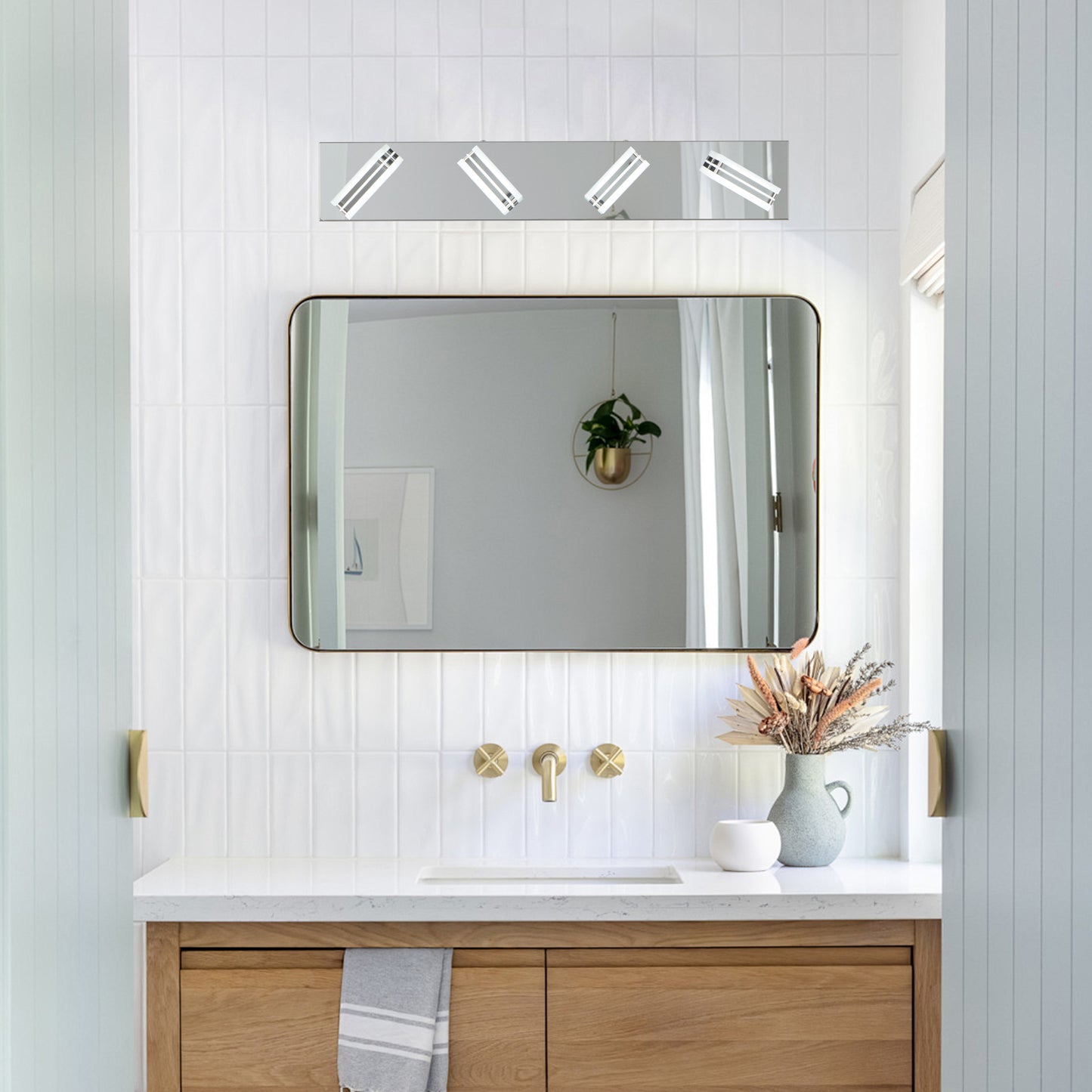 26  Modern Chrome 4-Light LED Vanity Light, Square Acrylic Lampshades Wall Mount Fixture For Bathroom, Mirror Lighting