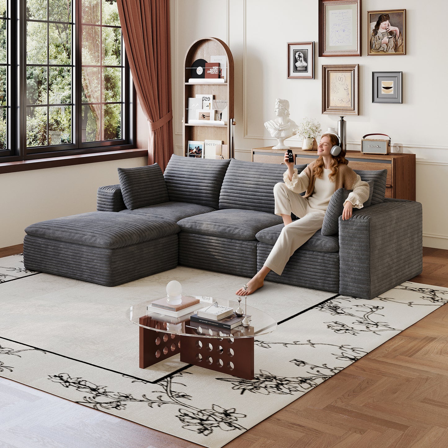 102  Cloud Sofa,Corduroy Fabric,Deep Seat Couches,Double-layer Design,Removable  Cushion,No Assembly, DIY Combination For Living Room, Bedroom,Conference Room ,Apartment,Dark Grey