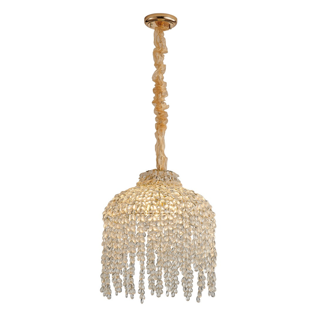 16 Inch 5-Light Crystal Pendant Light Chandelier- Elegant Waterfall Design With Grape-Shaped Crystal Bead Strings And Gold Finish For Living Room, Bedroom, Or Dining Area  Bulb Not Included