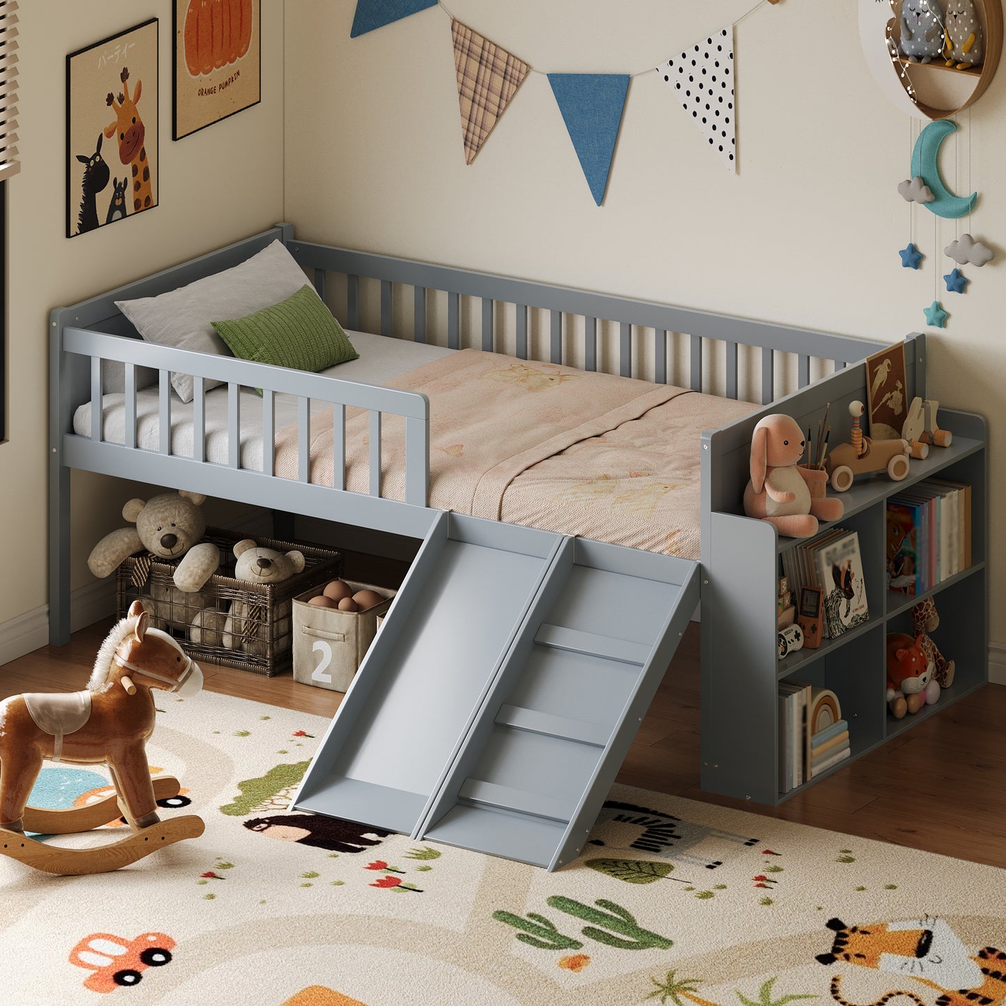 Twin Bed Frame With Storage Shelf, Wooden Bed Frame With Slide And Ladder,Platform Twin Size Bed With Guardrail, No Box Spring Needed, Easy Assembly, Gray