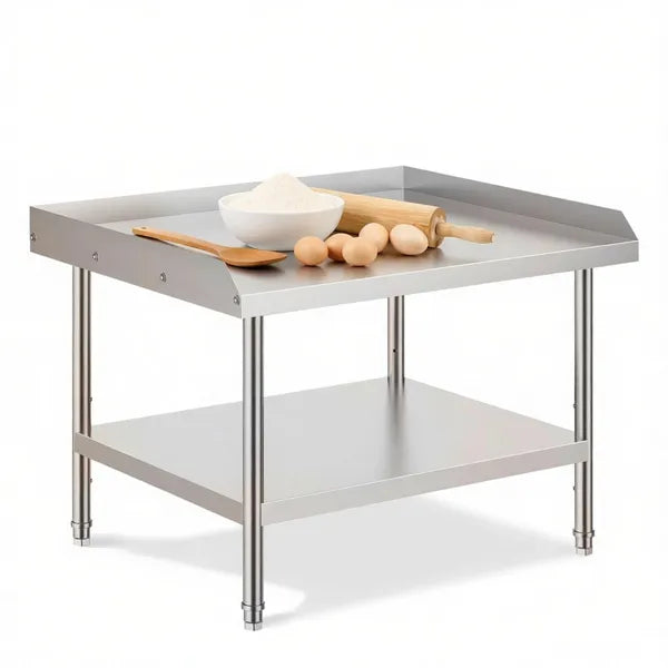 Sleek Metal Work Table With Easy To Clean And Adjustable Shelves For Kitchen
