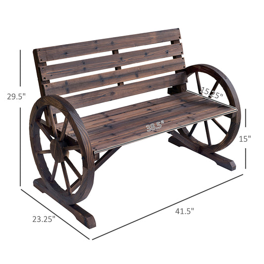 Wooden Wagon Wheel Bench, Rustic Outdoor Patio Weather Resistant Furniture, 2-Person Slatted Seat Bench With Backrest Supports Up To 550 Lbs For Patio, Garden, Or Other Outdoor Areas