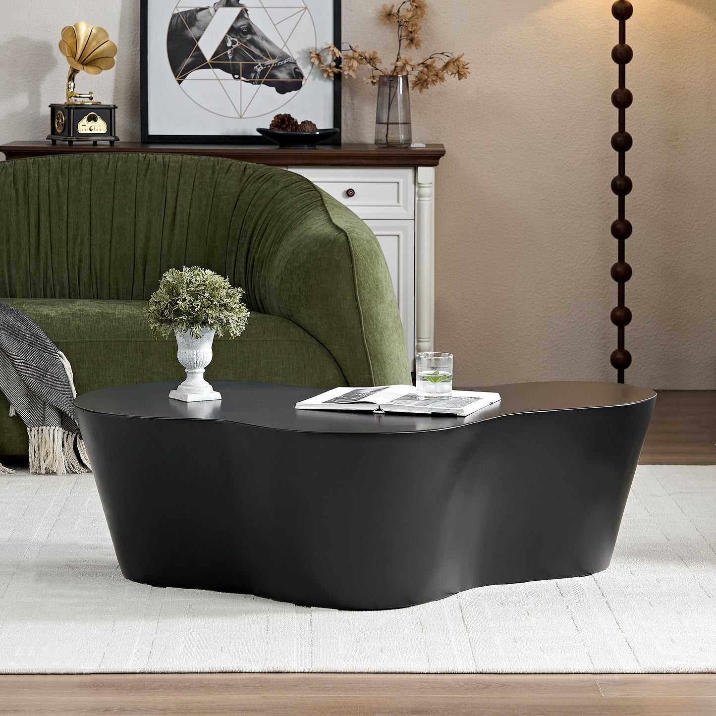 50 Inch Unique Shape Coffee Table Sturdy Fiberglass Tea Table For Living Room No Need Assembly Black