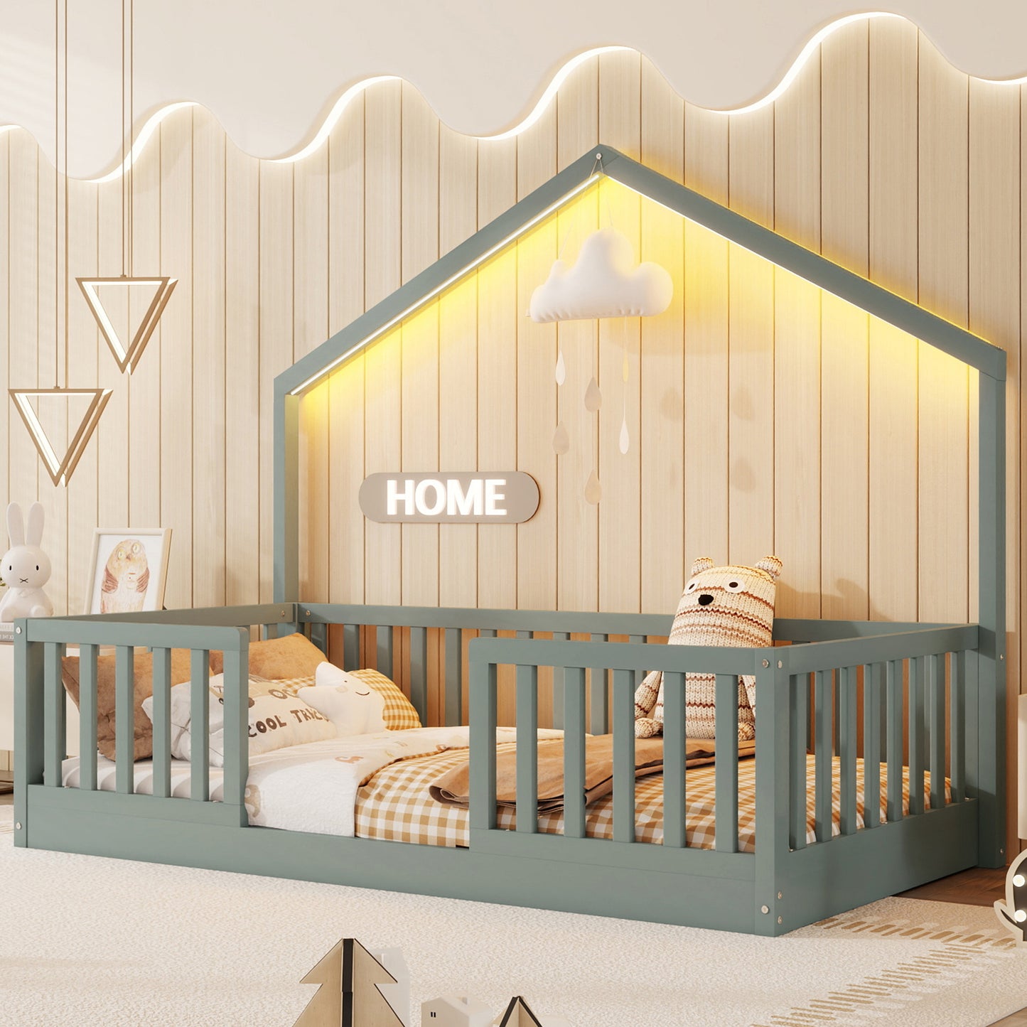 Twin Floor Bed With High Rails, Wooden Montessori Bed With Light For Kids, Boys And Girls ,GrayExpect Arrival Date 2026 3 16