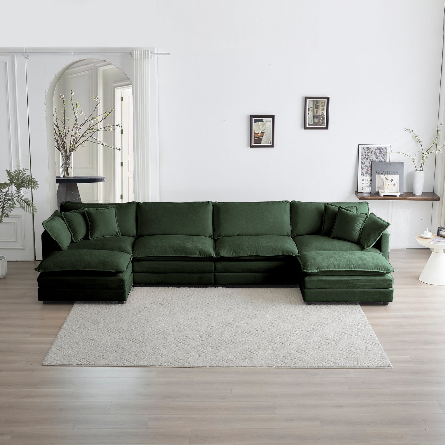 Comfort U Shaped Couch With Reversible Chaise, Modular Large U-Shape Sectional Sofa, Double Extra Ottomans,Green Chenille