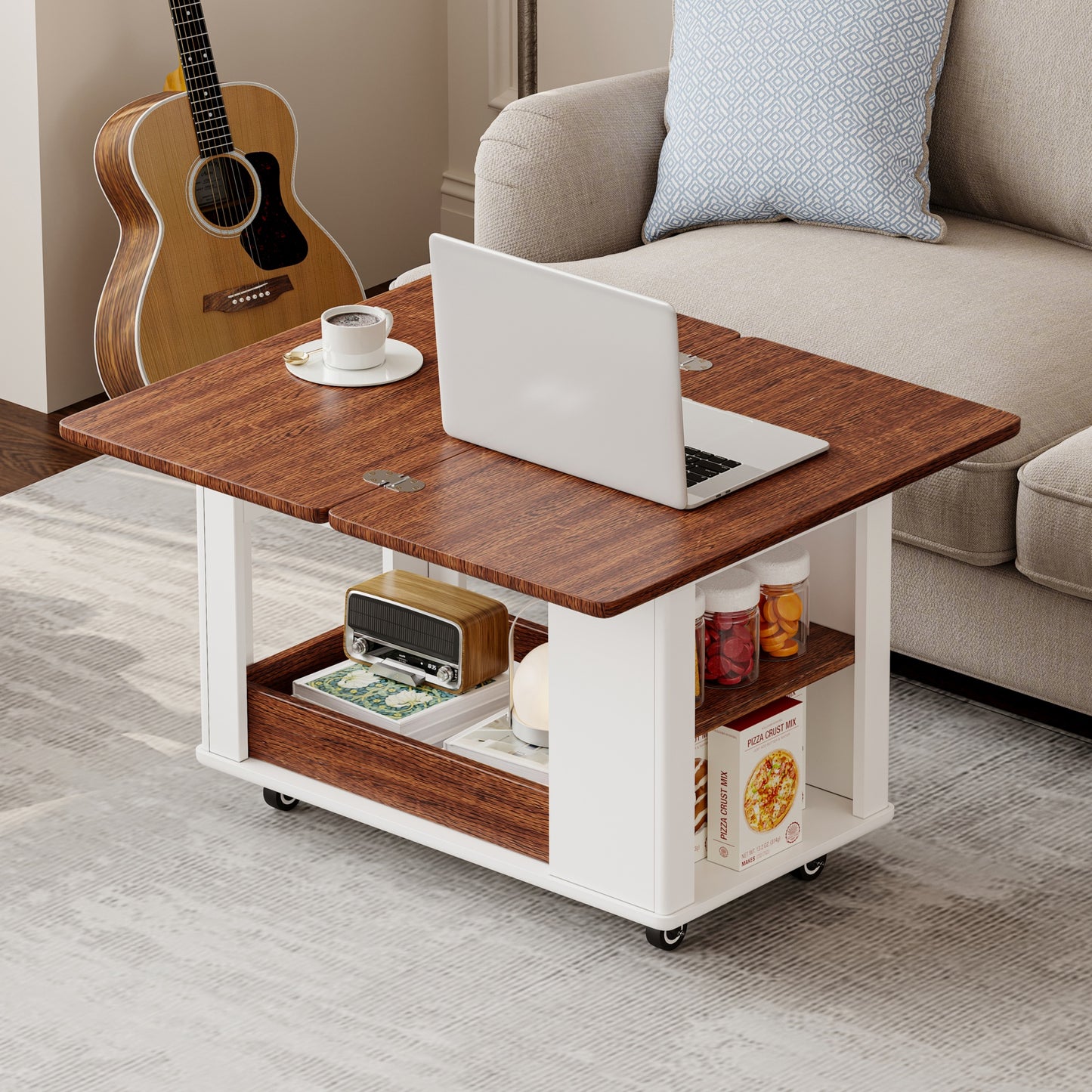 27.6  Modern Multi-Function Coffee Table Side Table With Foldable Top & Casters, Multi-tier Storage, White & Walnut