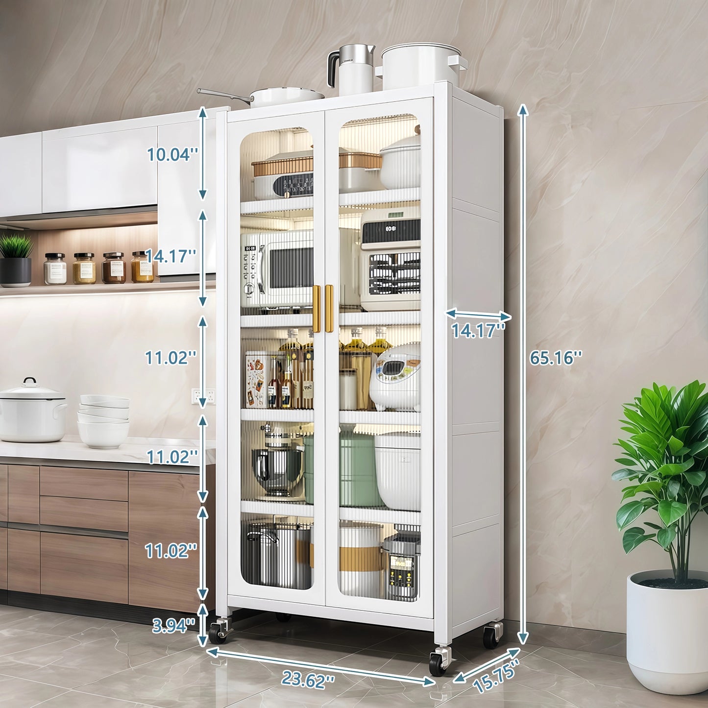 65  Kitchen Pantry Storage Cabinet, 6 Tier Metal Display Storage Cabinet With Transparent Door, Adjustable Shelves & Wheels, Food Pantries Cabinets, For Kitchen, Living Room And Dining Room, White