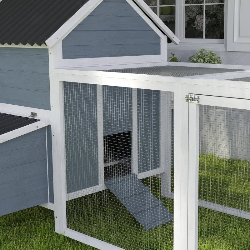 156Extra Large Wooden Chicken Coop With 2 Nesting Box, Run Cage, Waterproof Wave Roof, For 10-15 Chickens, Light Gray