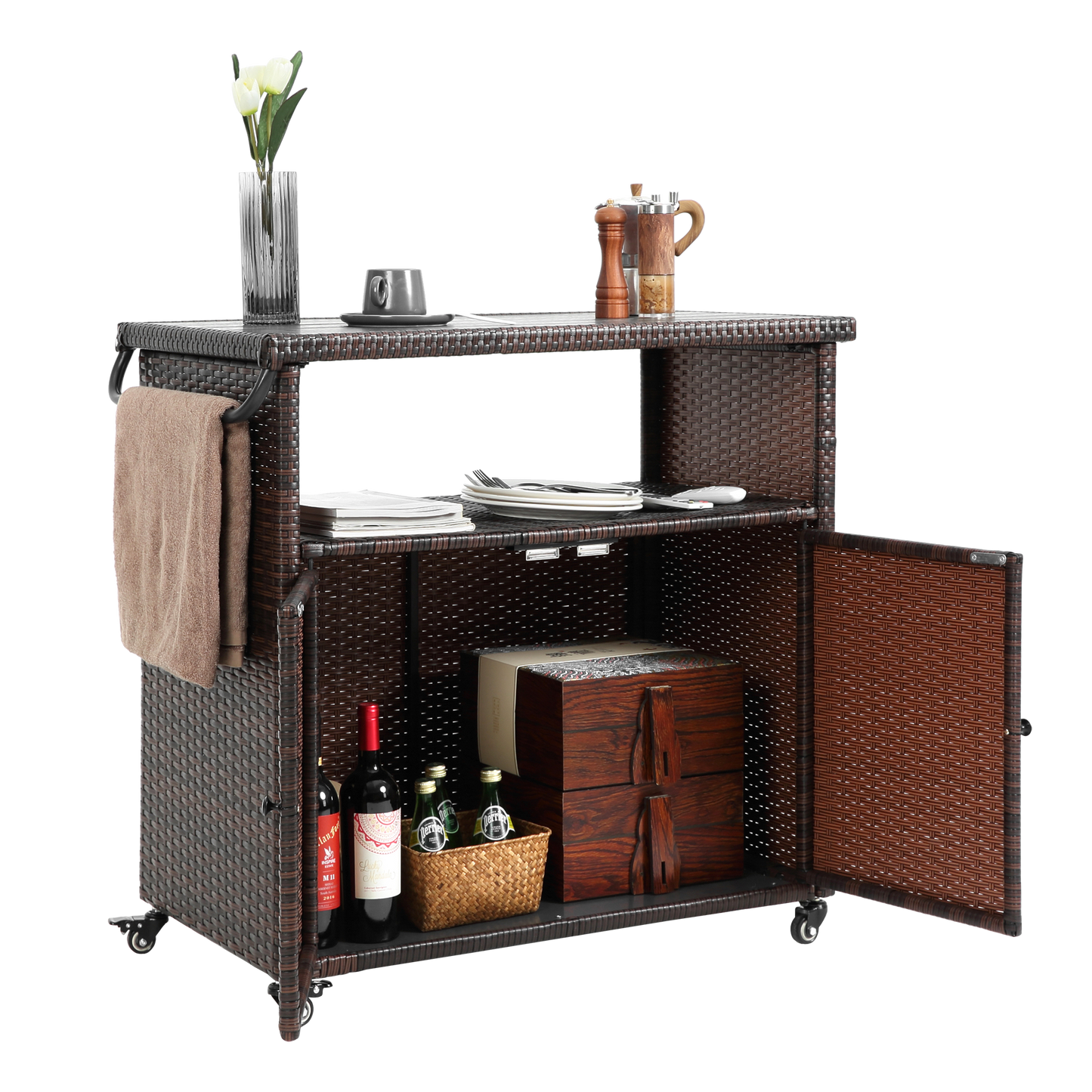 Outdoor Wicker Bar Cart, Patio Wine Serving Cart W Wheels , Rolling Rattan Beverage Bar Counter Table Plastic Wood Top For Porch Backyard Garden Poolside Party, Light Brown