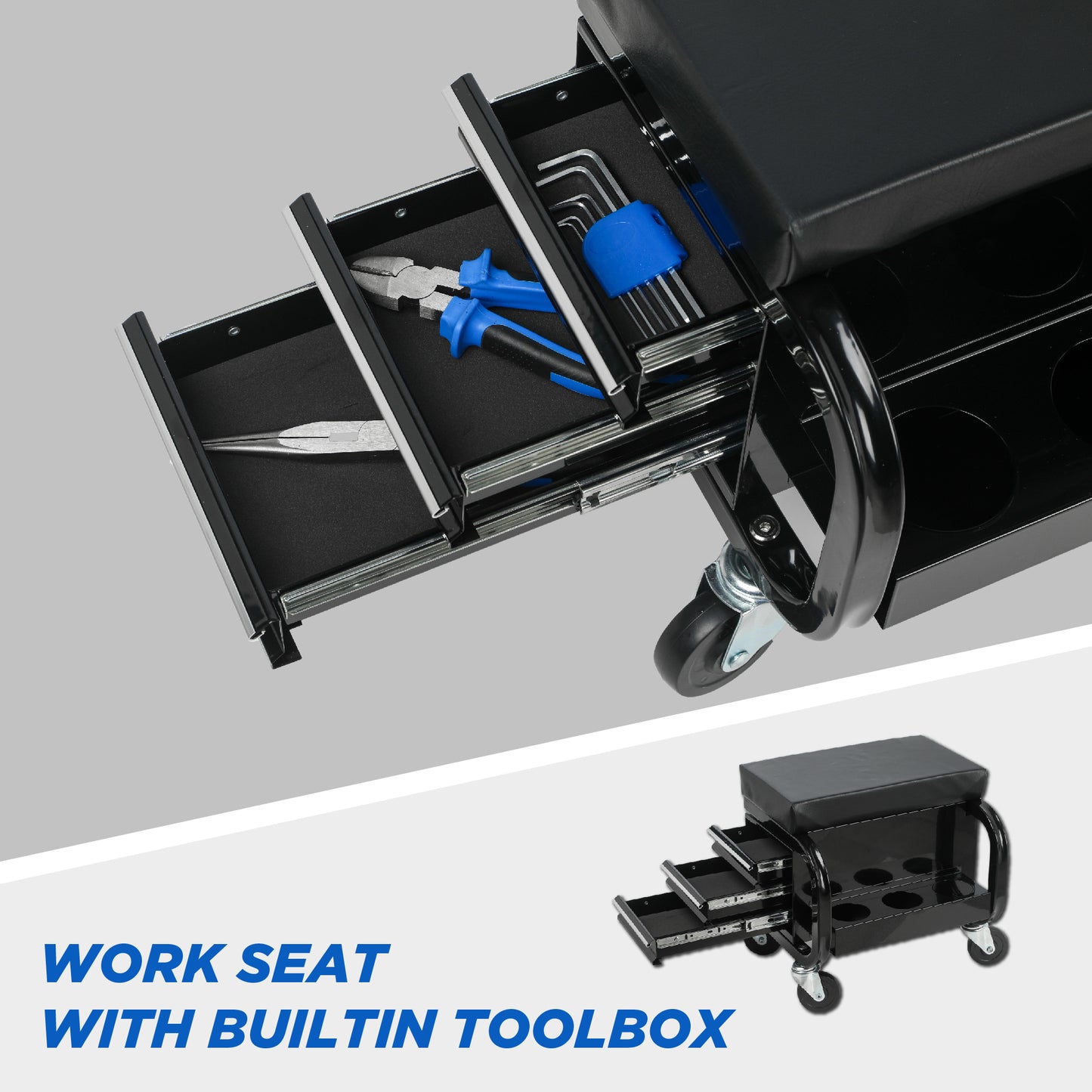 Rolling Creeper Garage Shop Seat With Three Built-in Drawers, Rolling Tool Chest,Black