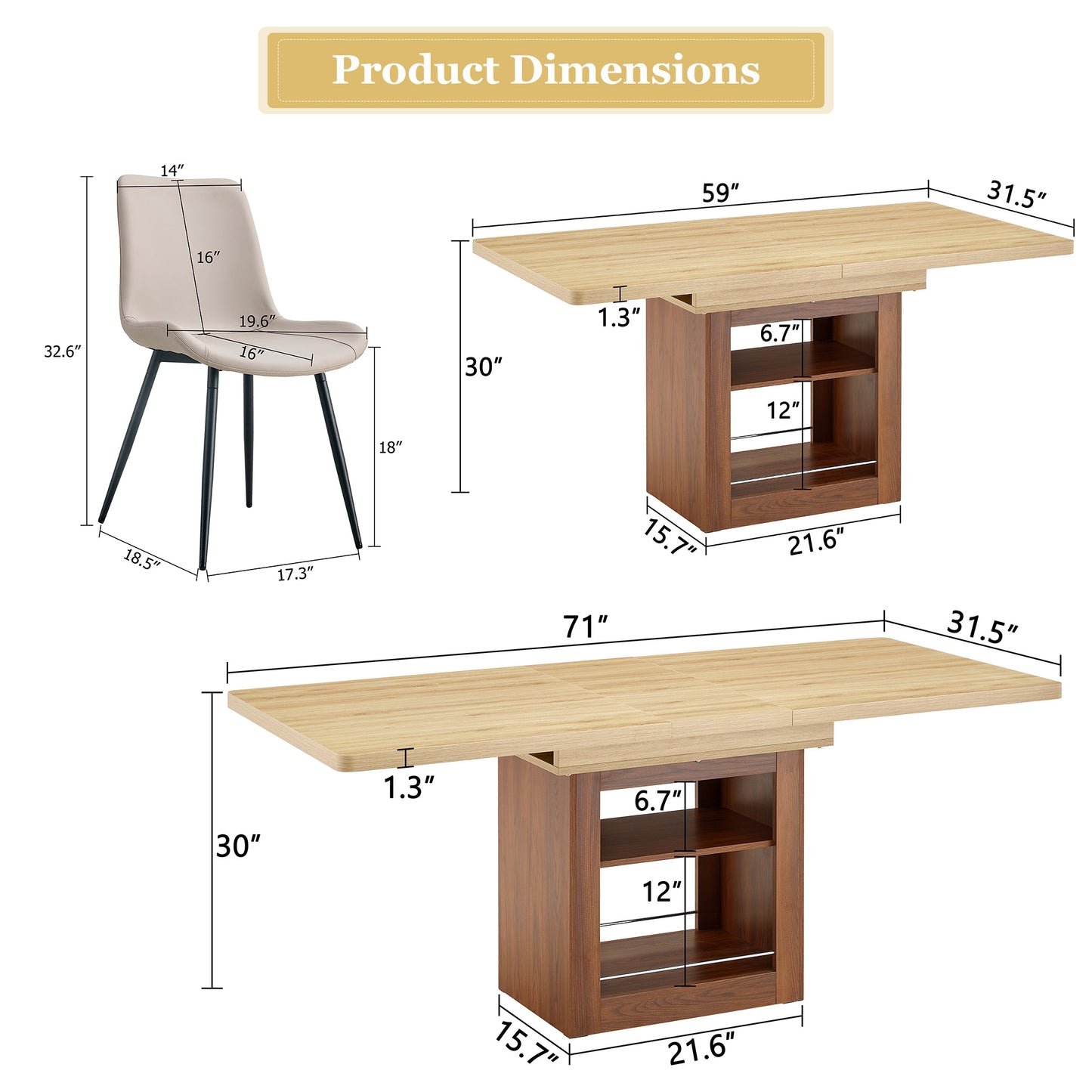 Scalable Dining Table And Chair Set, 59-71 Inch Pull-out Table,6-piece Set Of Warm Gray Artificial PU Chairs With Curved Widened Cushion Design. Suitable For Dining Rooms,office,etc.