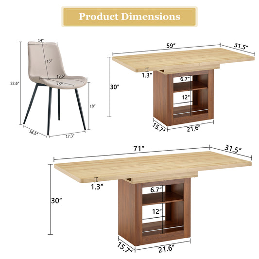Scalable Dining Table And Chair Set, 59-71 Inch Pull-out Table,6-piece Set Of Warm Gray Artificial PU Chairs With Curved Widened Cushion Design. Suitable For Dining Rooms,office,etc.