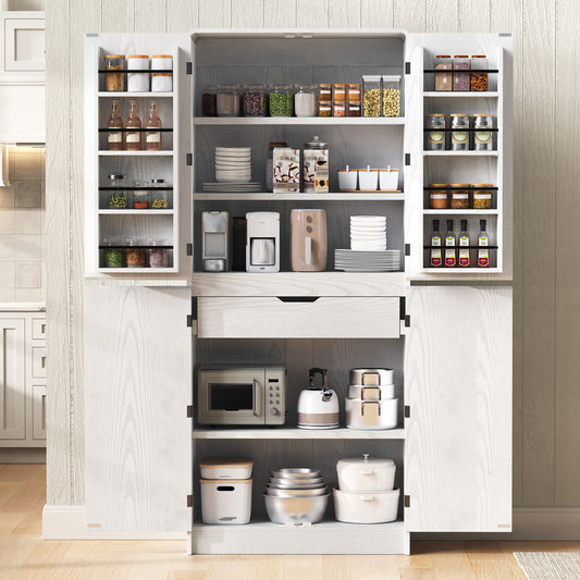 K&K 72  Tall Farmhouse Kitchen Pantry Cabinet With 8 Door Shelves, Curved Design Storage Cabinet With 3 Adjustable Shelves, Hidden Drawer, Versatile Cupboard For Kitchen, Dining & Bathroom, White