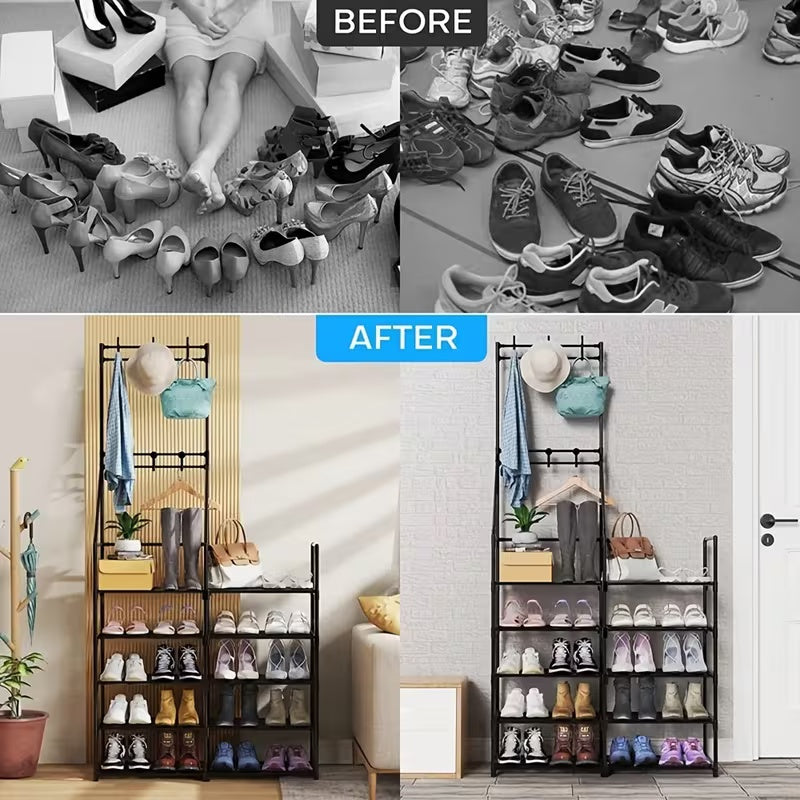 Sturdy Double-Row Coat Shoe Rack All-in-One Combo, Free-Standing Multifunctional Entryway Organizer For Bedroom, Living Room, Foyer And Mudroom