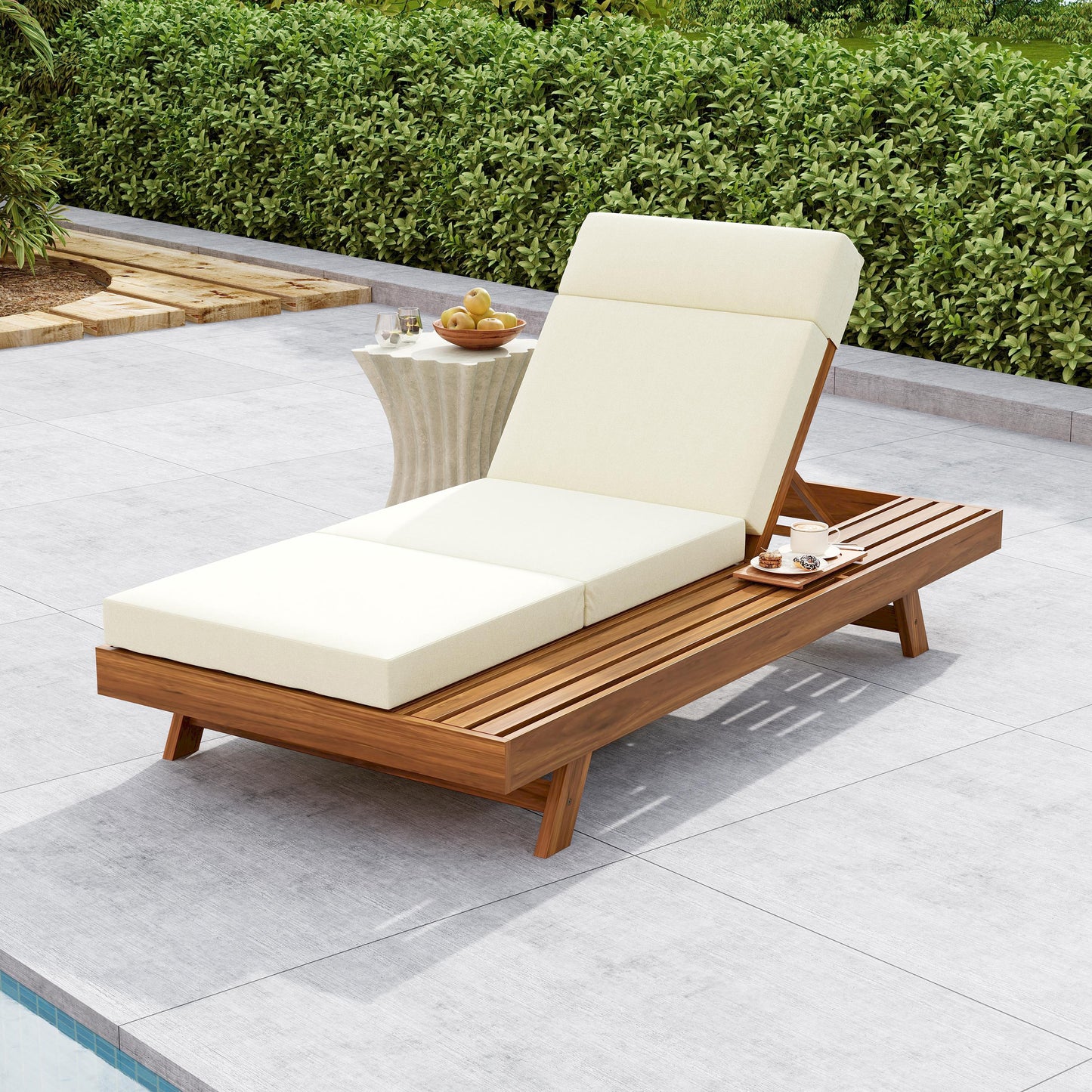 LOUNGE CHAISE SET WITH HEADREST, SPACE AVAILABLE ON ONE SIDE,ACACIA WOOD WITH WATER-RESISTANT LOUNGE CUSHIONS  BEIGE & 3-FOLD & 4 Inch  - MATCHING DARK GREY CREAM VERSION AVAILABLE