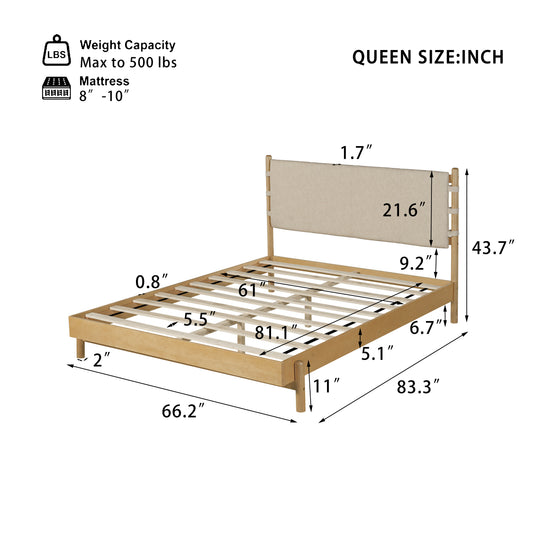 Premium Rubber Wood Platform Bed Frame, Queen Bed Frame With Headboard Included, Mid Century Modern Bed With Beige Color