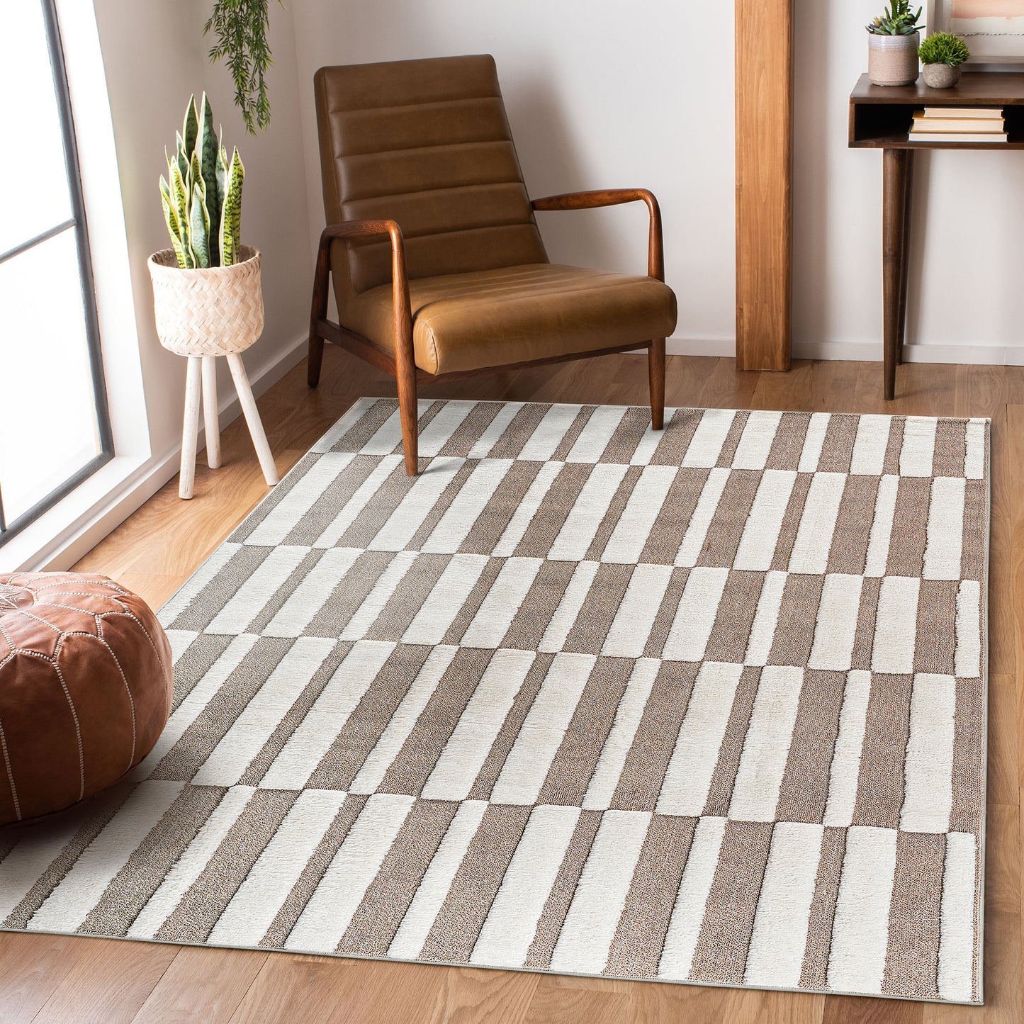 Step Collection High-Low Striped Beige Cream Indoor Area Rug, 5'3''x7'6'', Modern, Contemporary, Geometric, Bohemian, Bedroom, Kitchen, Living Room, Non Shedding Carpet