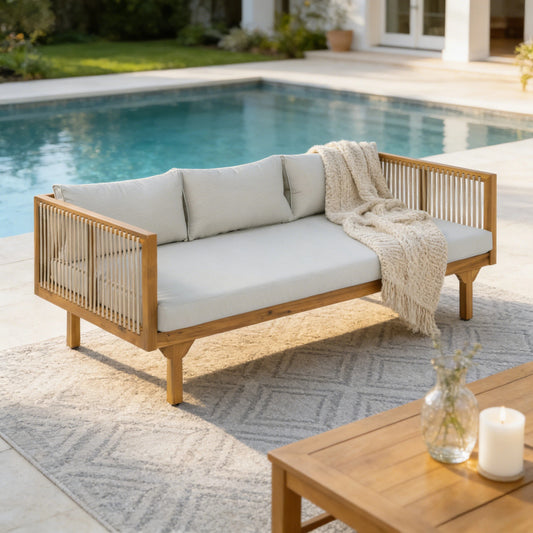 Outdoor Patio Sofa With Light Gray Cushion & Light Brown Rope, Acacia Wood Teak Finish, Water Resistant Fabric, 600 Lbs Capacity, For Garden, Deck, Or Backyard
