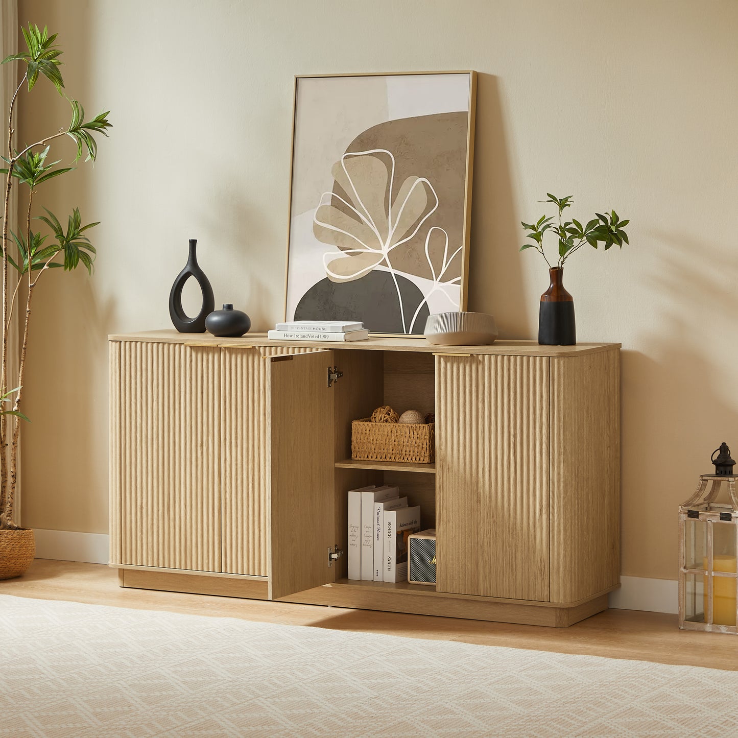 63  Vertical Stripe Buffet Cabinet Sideboard With Stoarge, Curved Wave Design, TV Stand, For Bedroom, Living Room, Hallway, Oak,63 W X 15.75 D X 31.5 H.