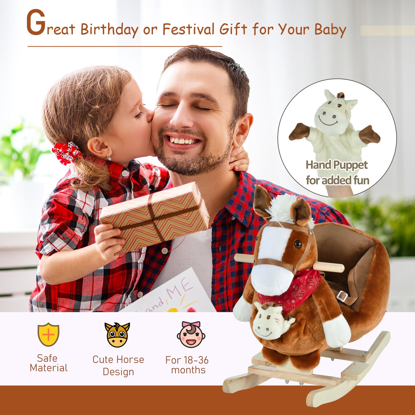 Kids Ride-On Rocking Horse Toy, Rocker With Lullaby Song, Hand Puppets & Soft Plush Fabric For Children 18-36 Months, Brown