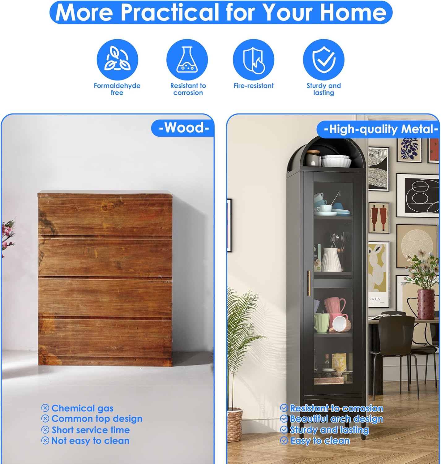 Metal Arched Bookcase Cabinet, Arch Display Storage Cabinet With Glass Doors & Shelves And 1Drawer For Living Room, Kitchens,Office, Black, Assembly Required