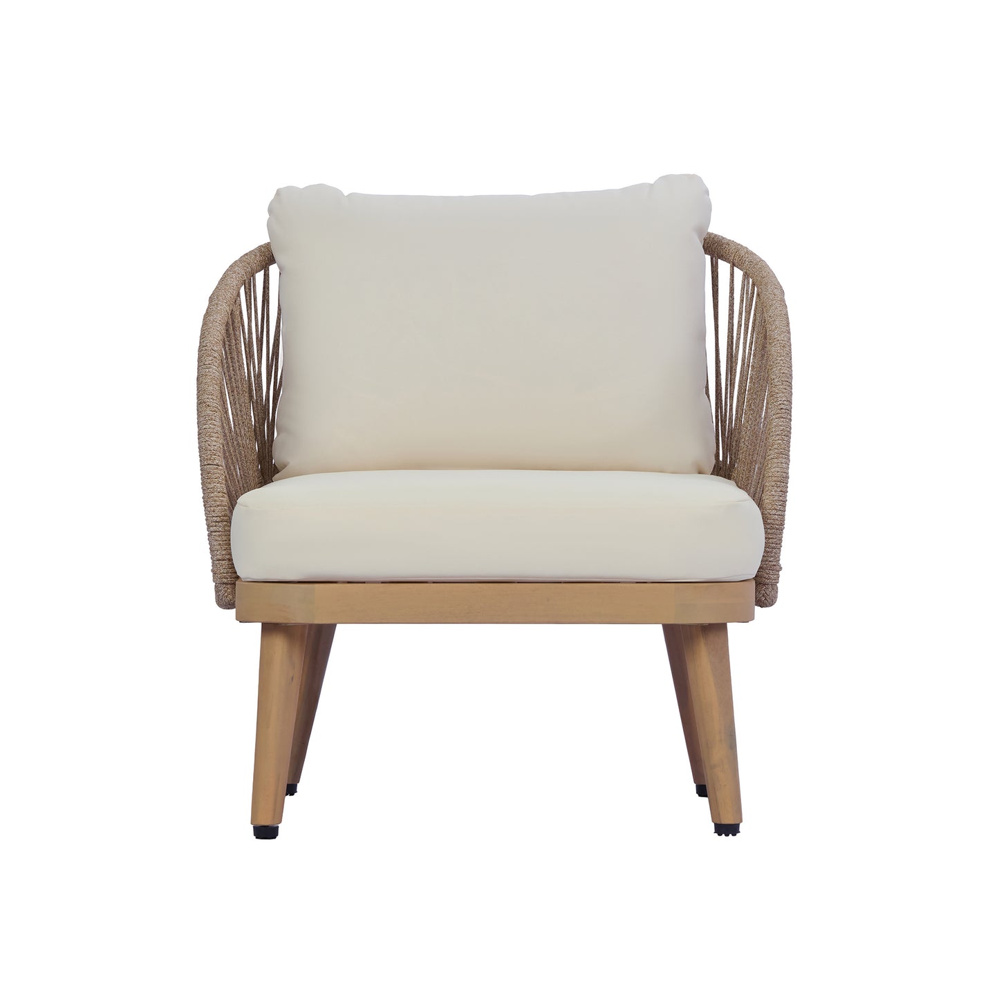 Acacia Wood Outdoor Club Chair, Curved Tub Design Patio Chair With Handwoven Rope Accents & Weather-Resistant Cushion