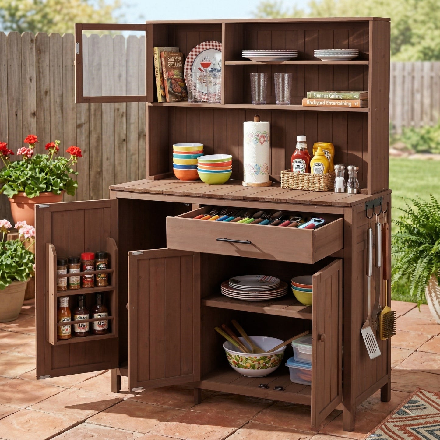 With Assembly Video  TOPAMx Potting Bench With Hutch  65  H Solid Fir Wood Garden Workstation  Large Countertop  Patio Kitchen Island With Adjustable Shelves  Spice Rack  Side Hook And Drawer  Brown