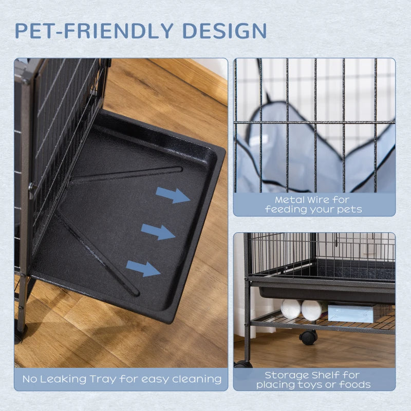 Small Animal Cage With Wheels, Pet Playpen For Rat, Syrian Hamster, Kitten, Ferrets, Chinchillas With Bottom Storage Shelf, Removable Tray, Ramp